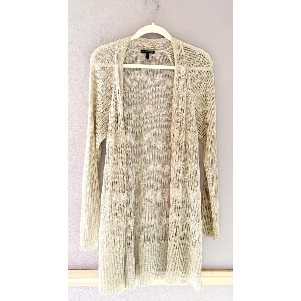 Eileen Fisher Linen Blend Open Front Long Cardigan Knit Coastal Lagenlook Large